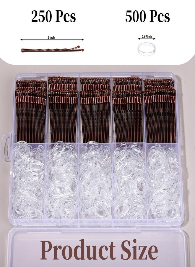 YGDZ 750 Count Bobby Pins Brown Kit, 250 PCS Mini Hair Pins for Styling, 2 Inch Bobby Pins for Women, Kids, Girls, 500 PCS Clear Elastic Hair Ties with Storage Box, Hair Accessories for Brown Hair - Image 2